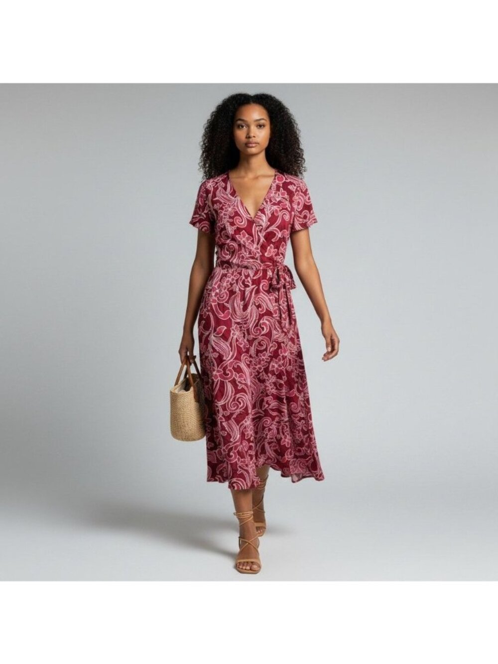 Nicole Miller New York Red Floral Wrap Midi Dress Size M Boho Cottage - Picture 2 of 16